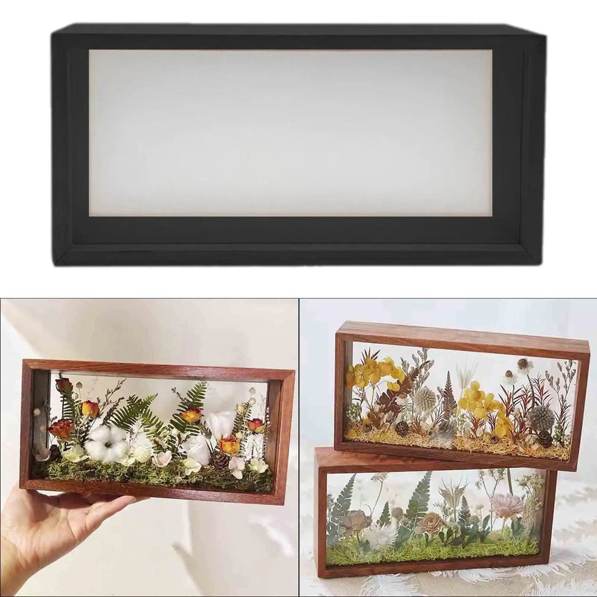cadre photo flottant bois dried flowers décoration murale table rustique nature