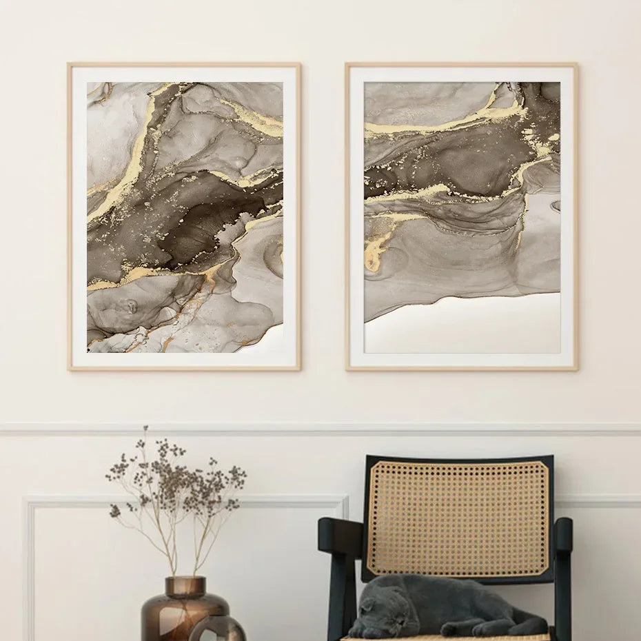 tableau contemporain minimaliste marbre effet liquide gris noir doré sans cadre impression toile chambre