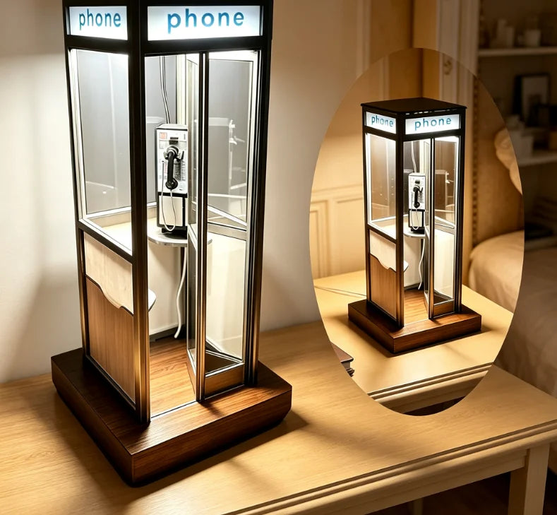 lampe table rétro cabine téléphonique noir beige gris téléphone vintage transparent mat led
