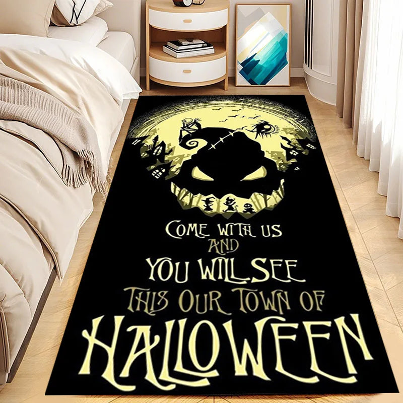 tapis halloween noir blanc visages souriants fantômes citrouilles motifs géométriques non glissant