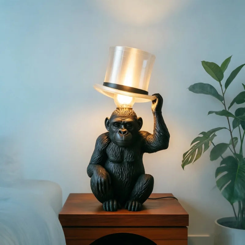 lampe decorative singe chapeau haut forme noir argenté lumiere dorée deco humoristique moderne