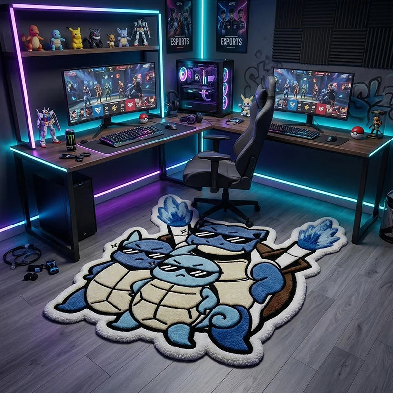 tapis dessin animé pokemon squirtle squad bleu blanc beige marron géométrique cartoon antidérapant chambre