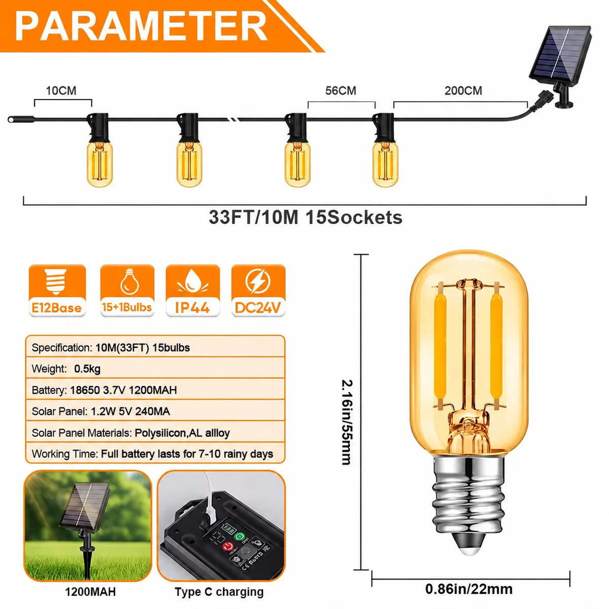 guirlande lumineuse solaire 15 ampoules vintage verre transparent clips noir doré patio jardin