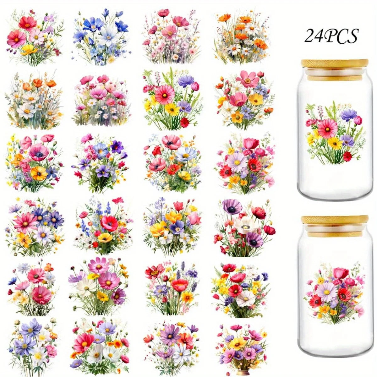 sticker transférable fleurs sauvages multicolore adhésif illustration décoration tasse durable usage unique