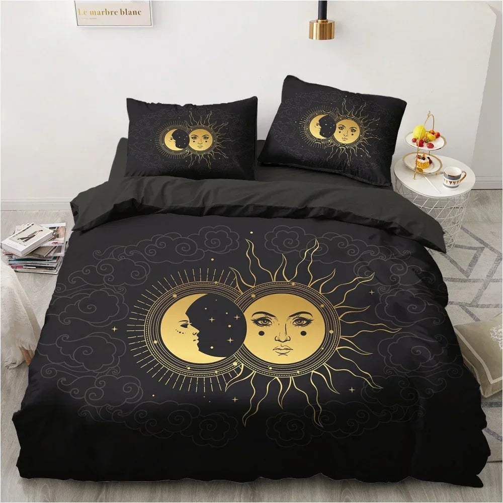 Parure de lit noire dans une chambre moderne avec décoration dorée