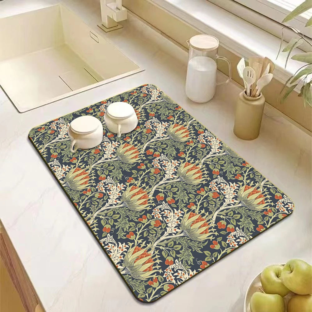 tapis séchage vaisselle moderne fleurs oiseaux bleu marine vert orange blanc