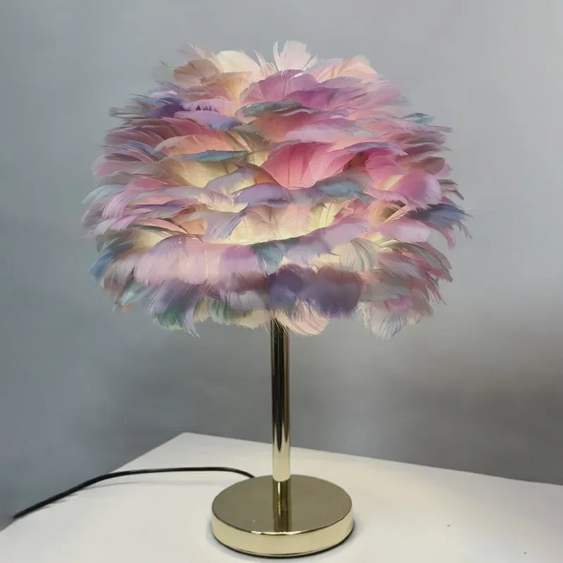 lampe table plumes moderne rose gris blanc décoration bohème éclairage original led certifiée vde