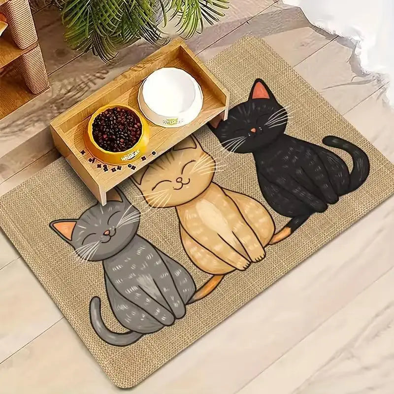 tapis antidérapant imperméable dessin animé chats couleurs variées toile jute cartoon assiettes alimentation chats