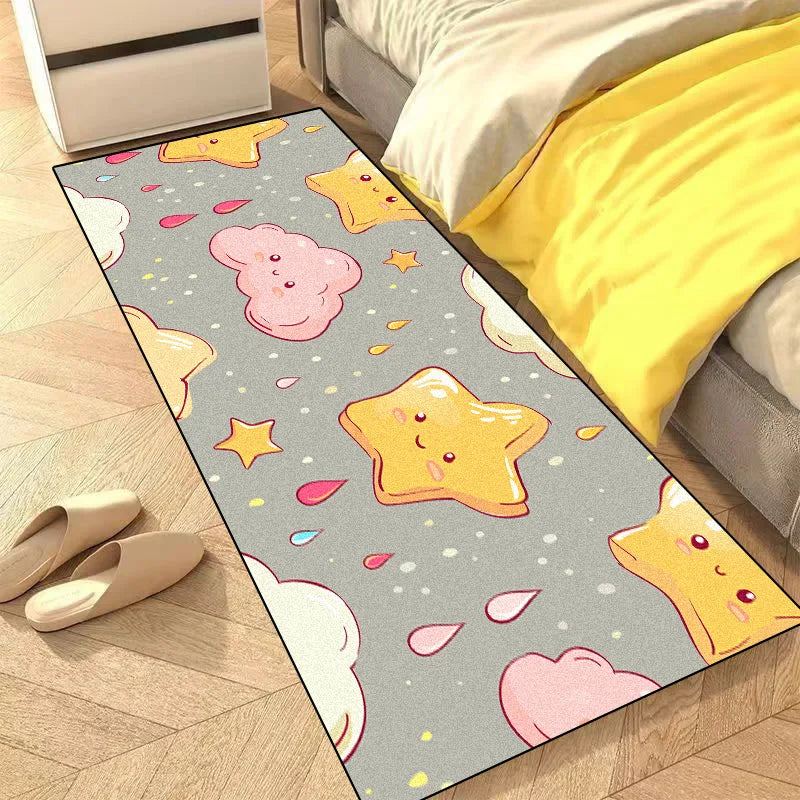 Un tapis décoratif de forme rectangulaire avec un motif de nuages, d'étoiles et d'autres formes géométriques colorées sur un fond gris, créant une atmosphère joyeuse et ludique dans la pièce.