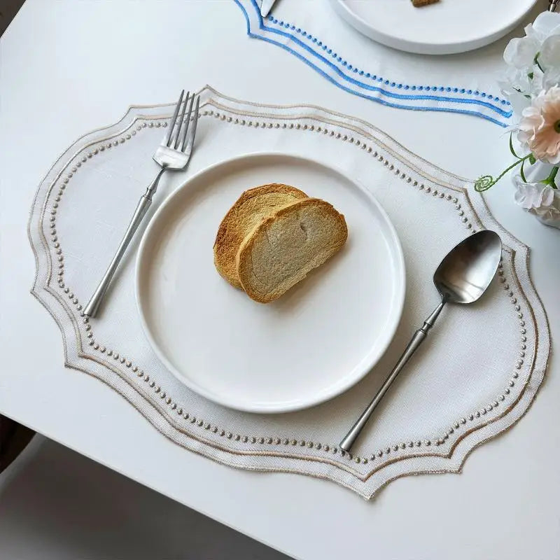 sets table brodés nappe décorative motif géométrique couleur marron bleu blanc rustic chic