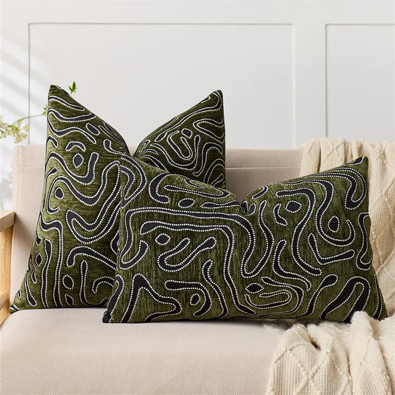 lot deux housses coussin chenille motif abstrait moderne canapé salon décoratif