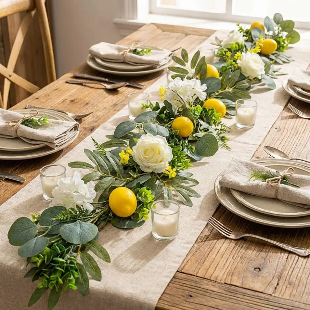 guirlande florale artificielle feuilles eucalyptus fleurs blanches citrons vertes rustique intérieur décoration naturelle occasion