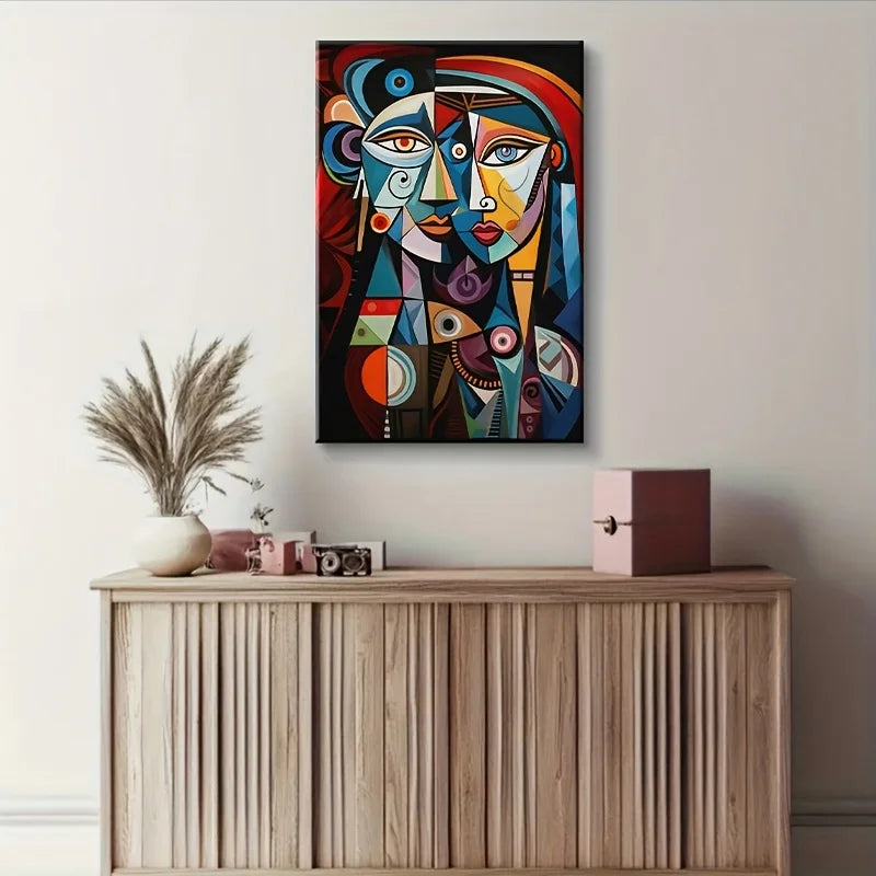 tableau abstrait géométrique moderne toile impression cubiste contrasté bleu rouge noir blanc orange vert