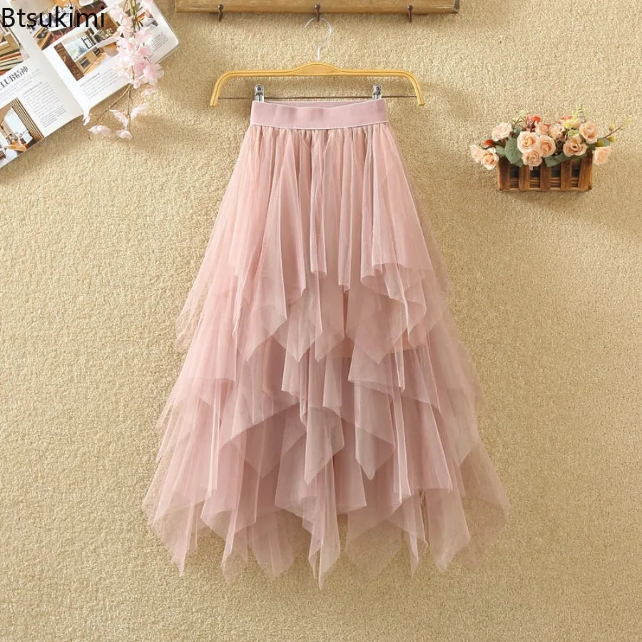 jupe tulle plissée féminine élastique printemps été rose clair gris blanc noir élégante lignemidi