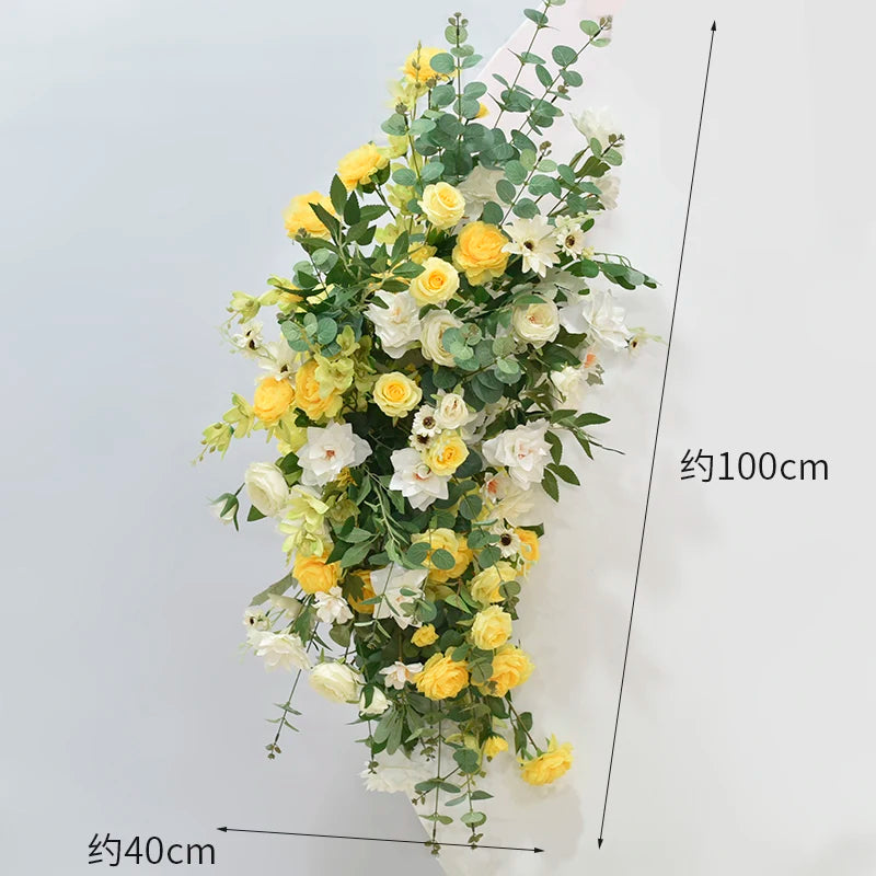 décoration florale artificielle roses jaunes hortensias verts anniversaire mariageextérieur bienvenue baby shower