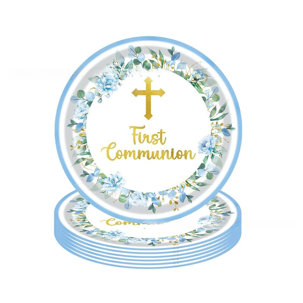 assiettes jetables thème eucharistique croix dorée fleurs mariage baptême anniversaire fêtes enfants