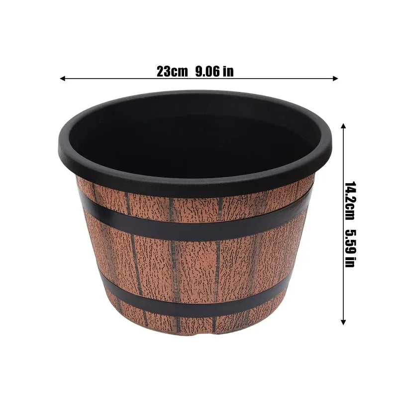 pots fleurs imitation bois forme baril rustique couleur marron bandes noires plantation fleurs succulentes