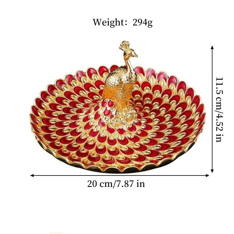 assiette décorative ovale paon rouge doré colorées classique élégant plateau fruits métal embossé