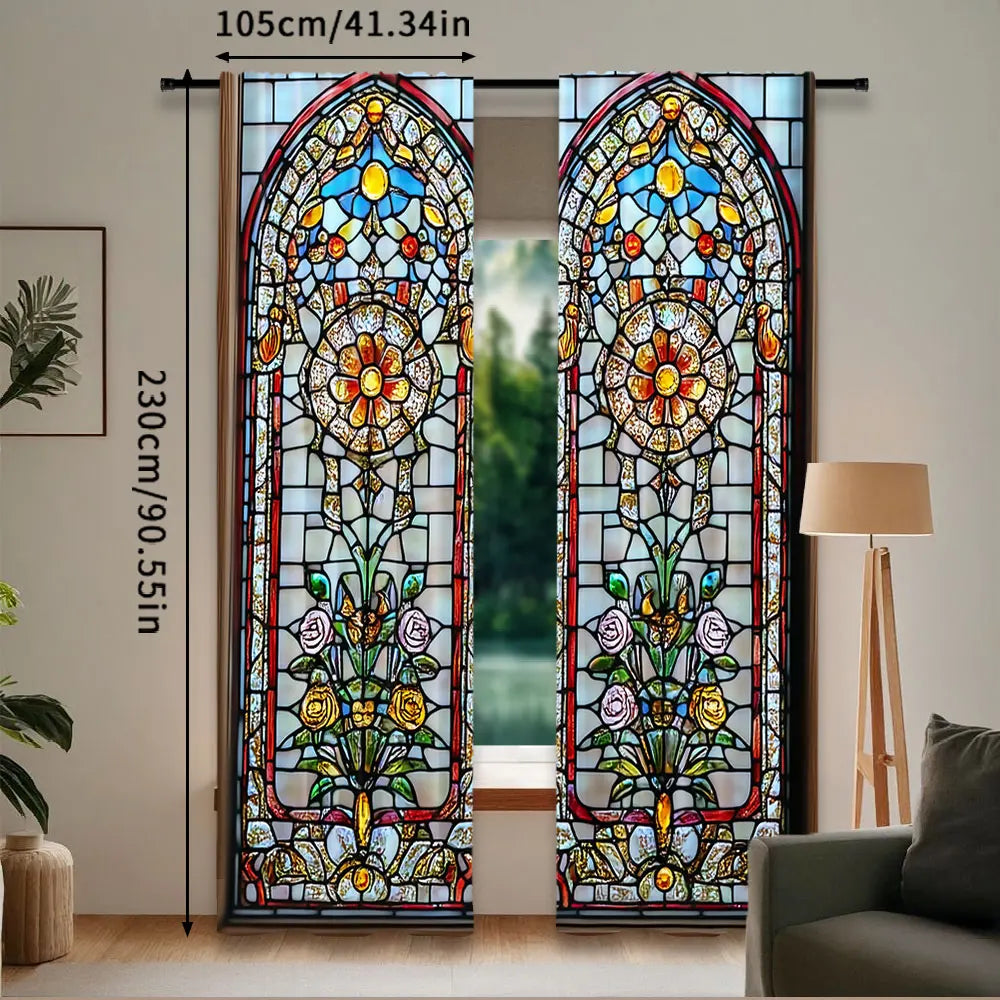 rideaux deux pièces motifs floraux semi transparent vitrail couleurs vives rouge bleu violet