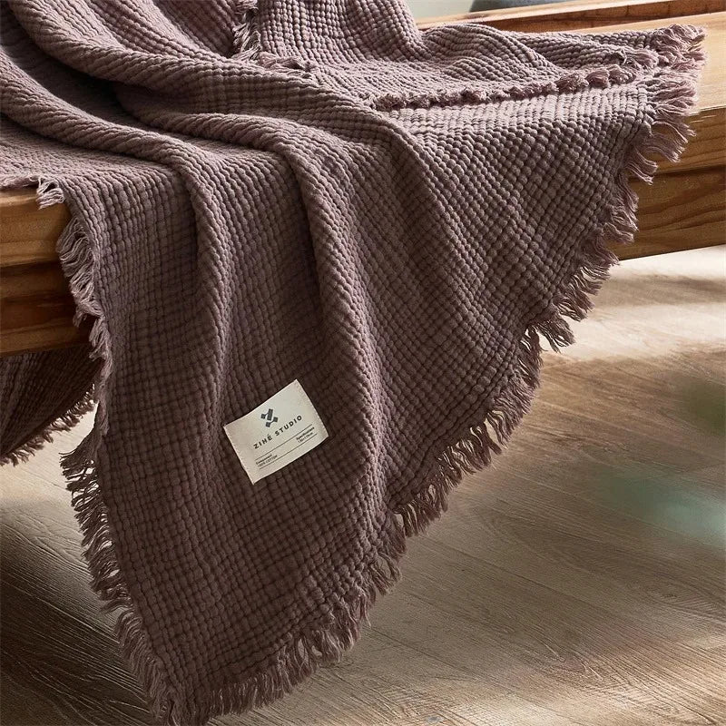 couverture coton gaufrée plaid rustique frangée chaleureuse voyage été hospitalière maison