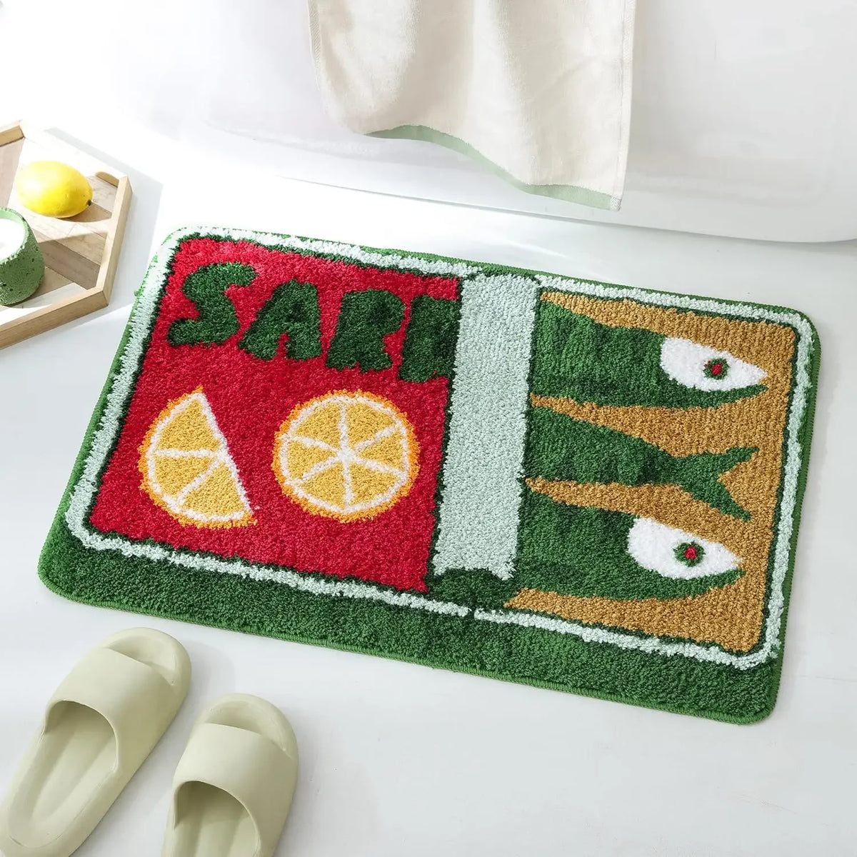 tapis bain moderne fruits poissons antidérapant polyester bleu orange blanc