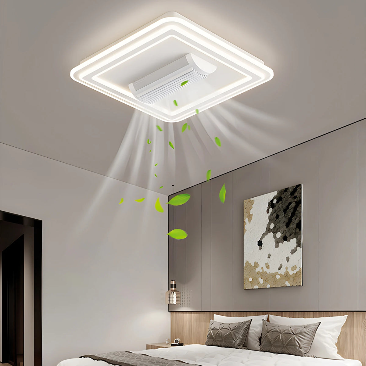 ventilateur lumière blanc moderne bordures lumineuses led 64x48x14cm 100w 7650lm 6vitesses