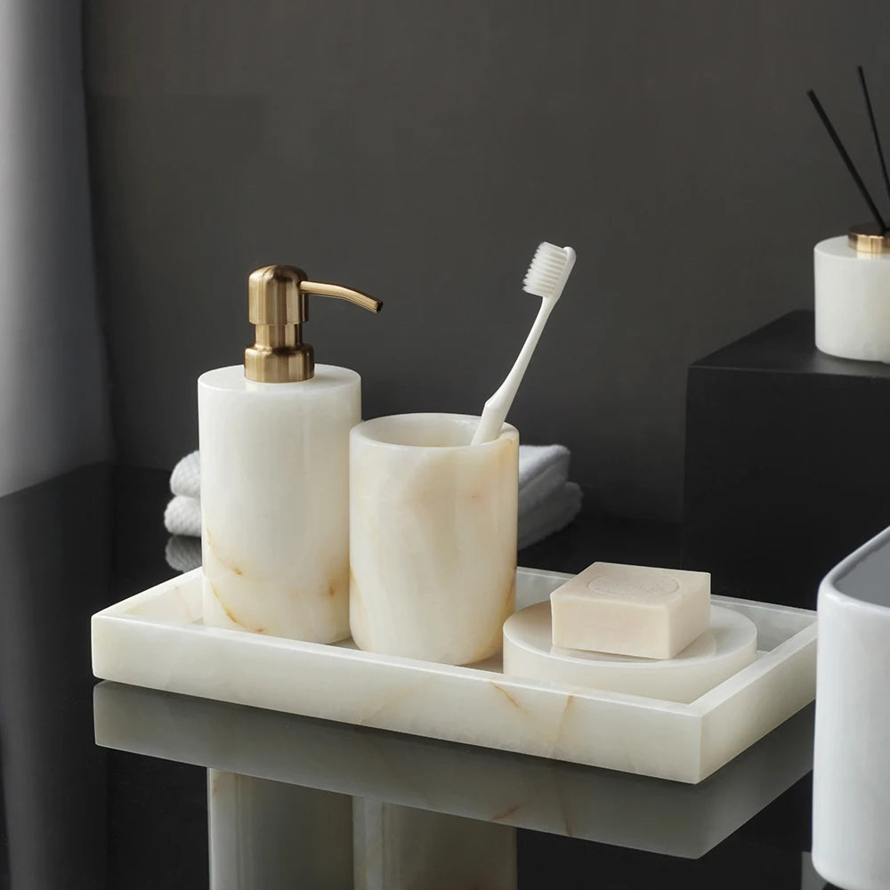 ensemble accessoires salle bain marbre blanc onyx distributeur savon plateau pot brosse dents