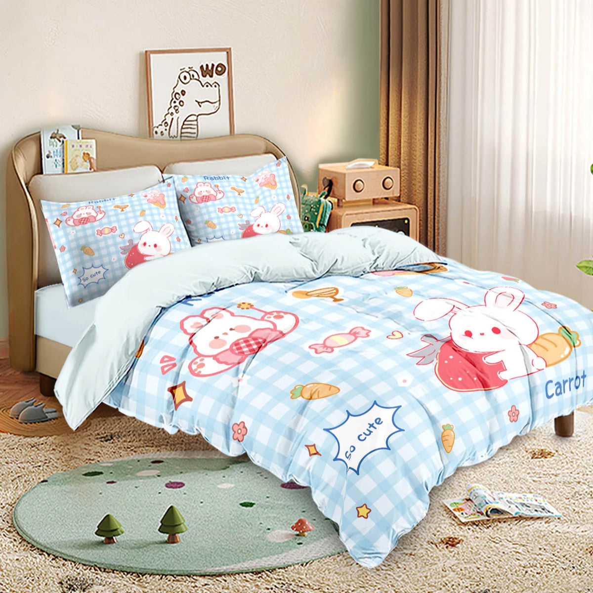 ensemble literie enfantin motif lapins fraises coeurs rose bleu hello so cute carotte
