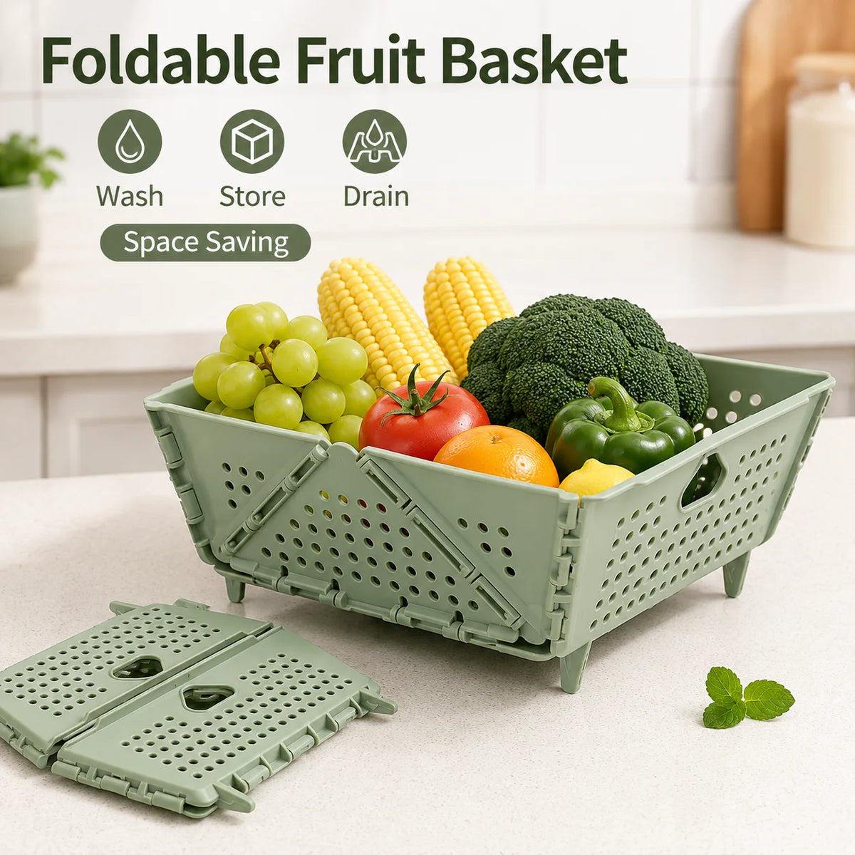 panier pliable perforé moderne vert rangement cuisine fruits légumes poignées drainage rapide