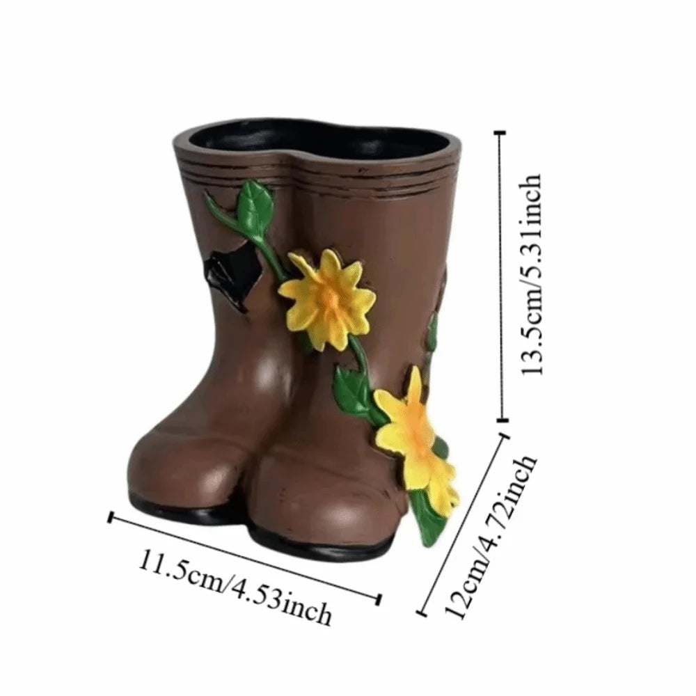 vase forme botte marron imitation cuir rustique arrangement fleuri décoration jardinextérieur
