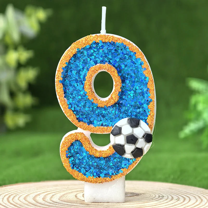 bougies numéraires pailletées thème football anniversaire bleu doré blanc