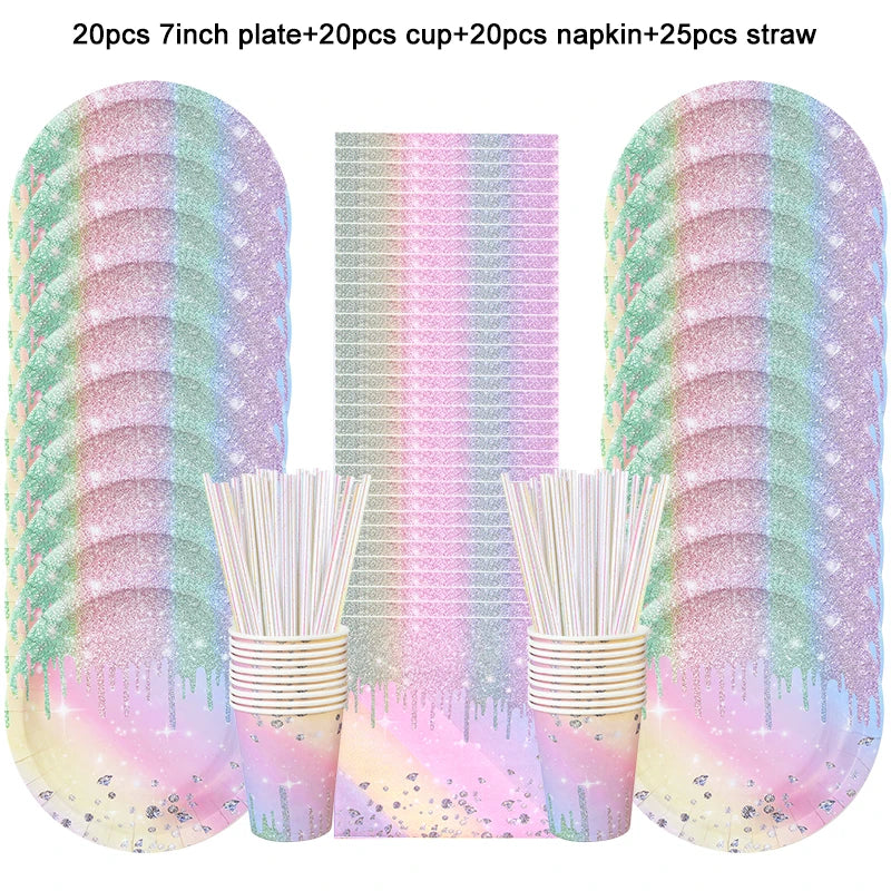 vaisselle jetable fête anniversaire moderne multicolore pailletée assiettes tasses serviettes pailles bannière happy birthday