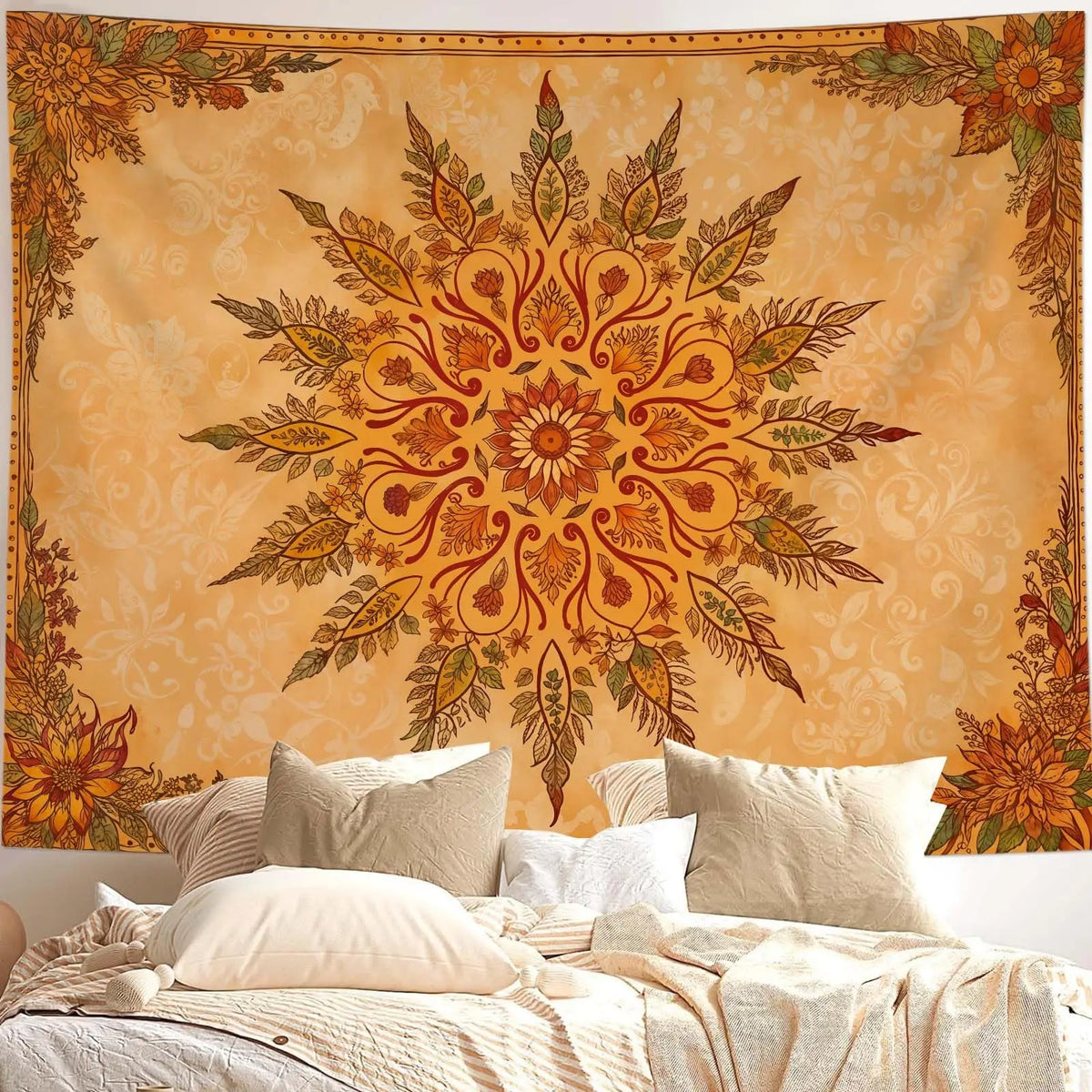 tapisserie boho mandala floral oranger feuilles stylisées chambre ethnique orange vert brun beige
