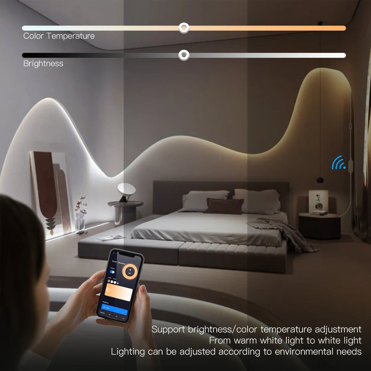 ruban led flexible cob blanc wifi intelligent télécommande adaptateur secteur salon