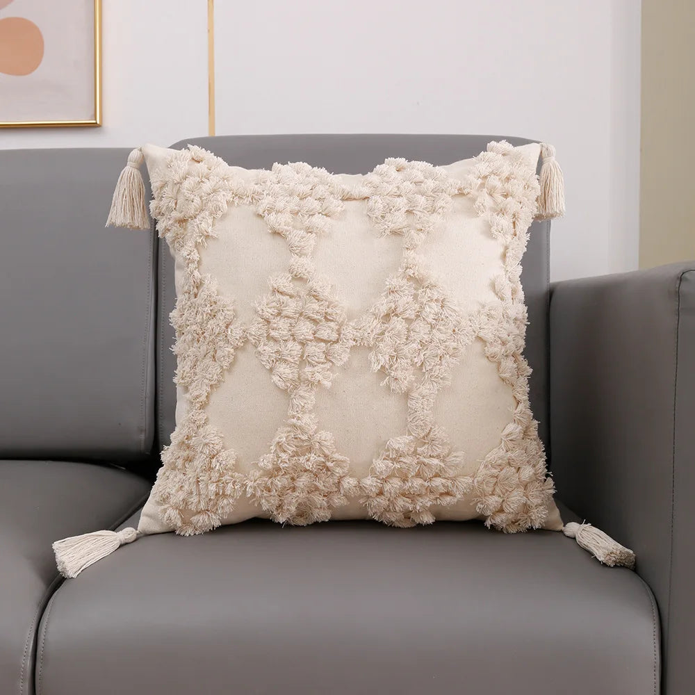 coussin carré géométrique blanc boho chic franges opaques décoration maison voiture