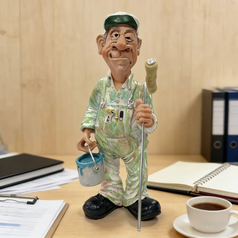 figurine peintre cartoon vert beige peinture rouleau seau décor extérieur intérieur taches rayures