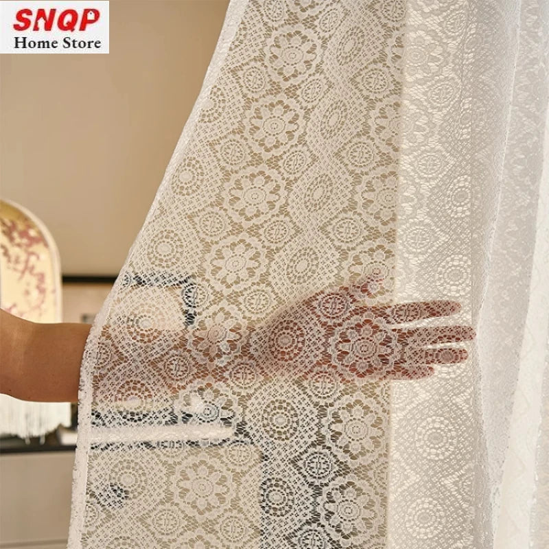 rideau dentelle blanc transparent romantique anneaux fenêtre salon chambre maison luxe
