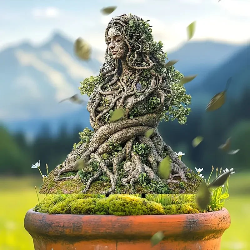 statuette déesse forêt verte marron racines feuilles mousse extérieure pot fleur naturelle 15cm opaque