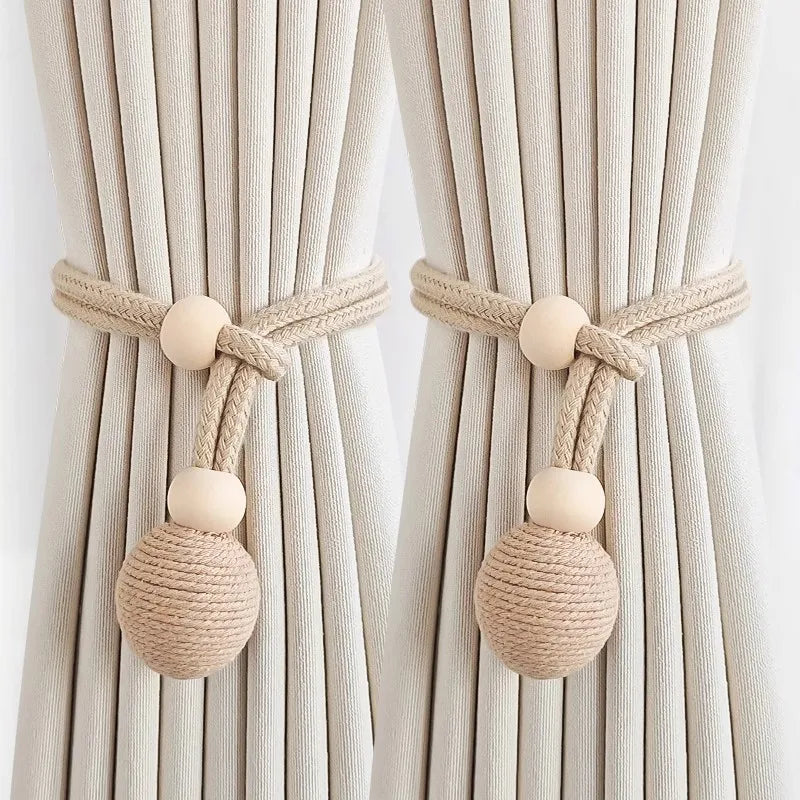 corde rideaux tressée beige rose noir moderne boules bois fixations rustique