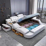 lit multifonctionnel moderne simili cuir blanc bleu clair rangement intégré tapis lampe table chevet