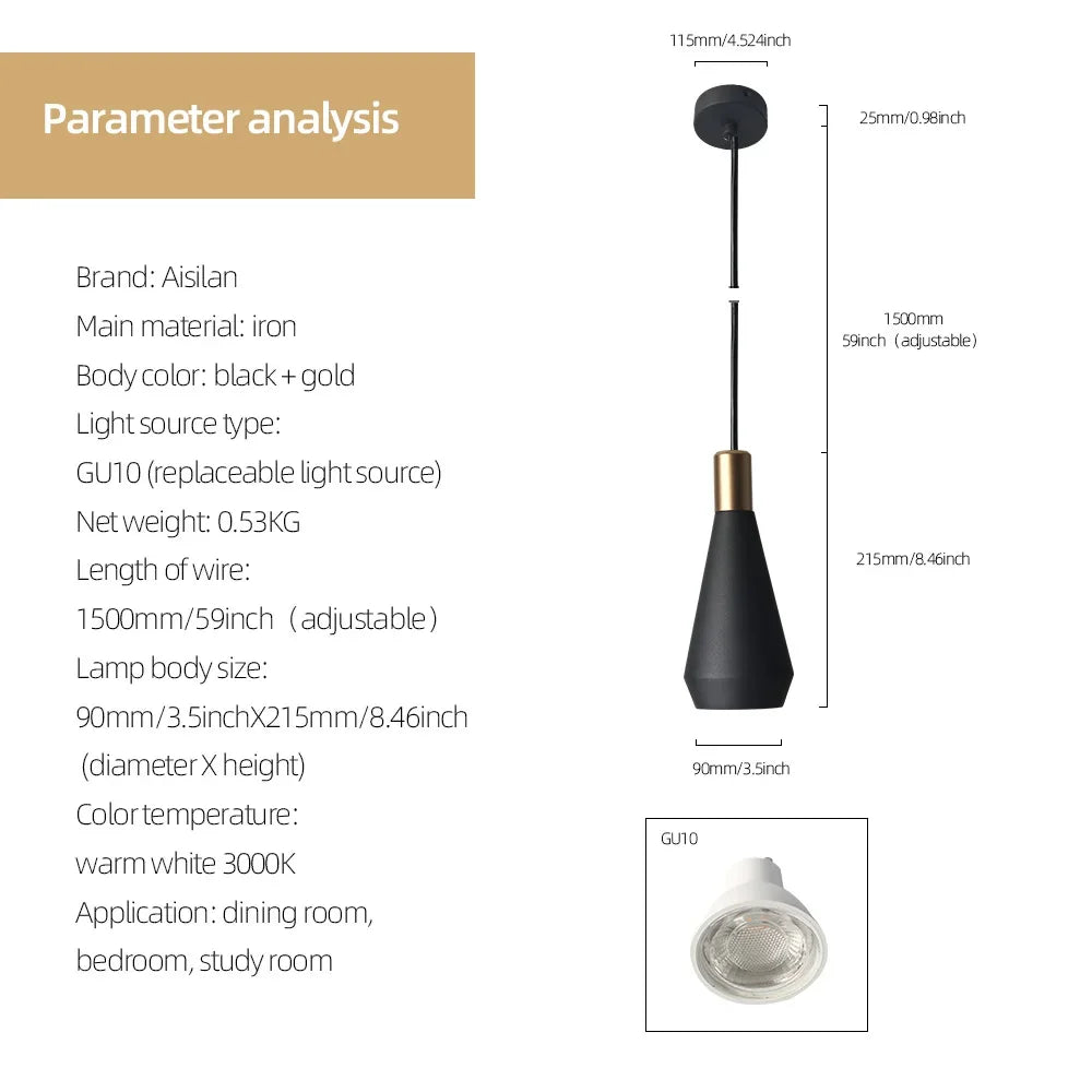lampe suspendue moderne conique noire dorée ampoule gu10 câble noir étude chambre coucher