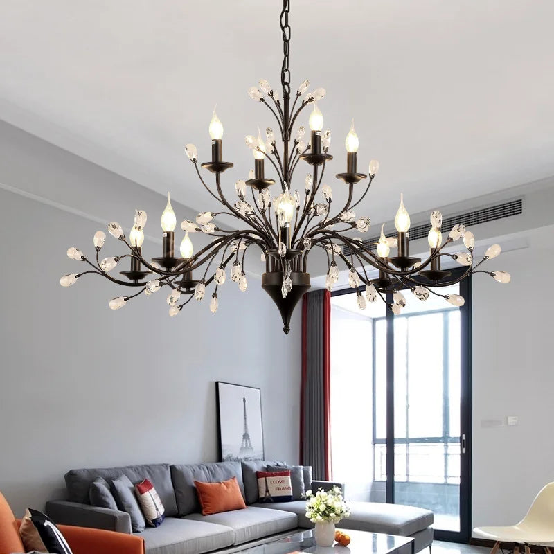 lustre led noir branches cristal contemporain élégant suspendu salon chambre
