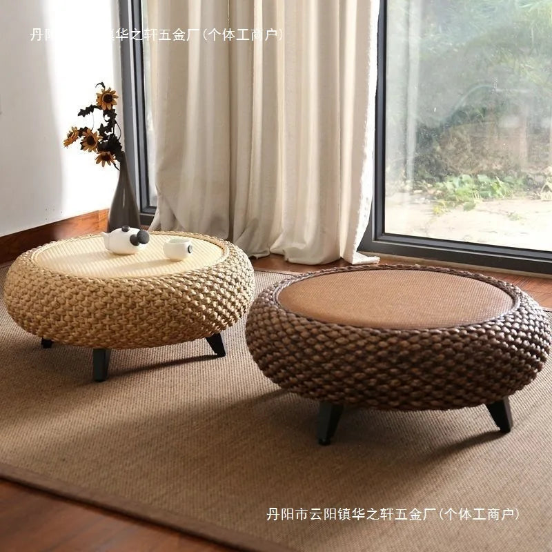 tabouret moderne rustique tissé beige clair foncé naturel pieds noirs salon assemblage facile
