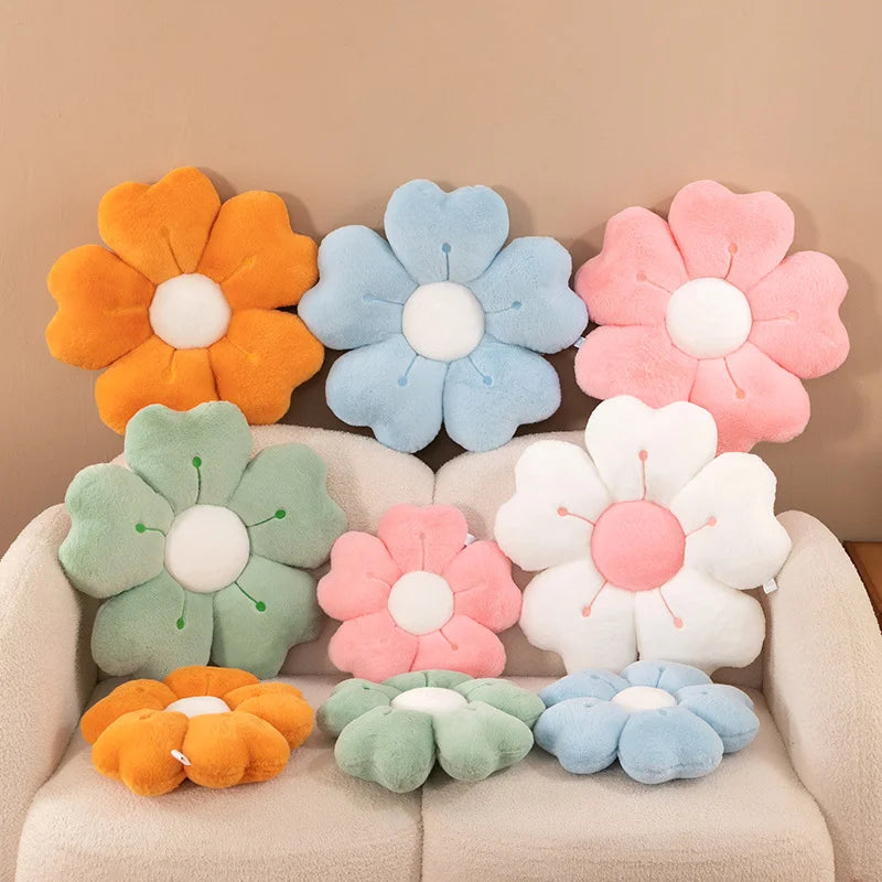 coussin fleurs stylisées orange bleu rose vert blanc jaune moderne décoration