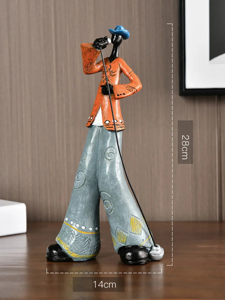 statues musiciens saxophone trompette ethniques motifs floraux bleu marron orange gris