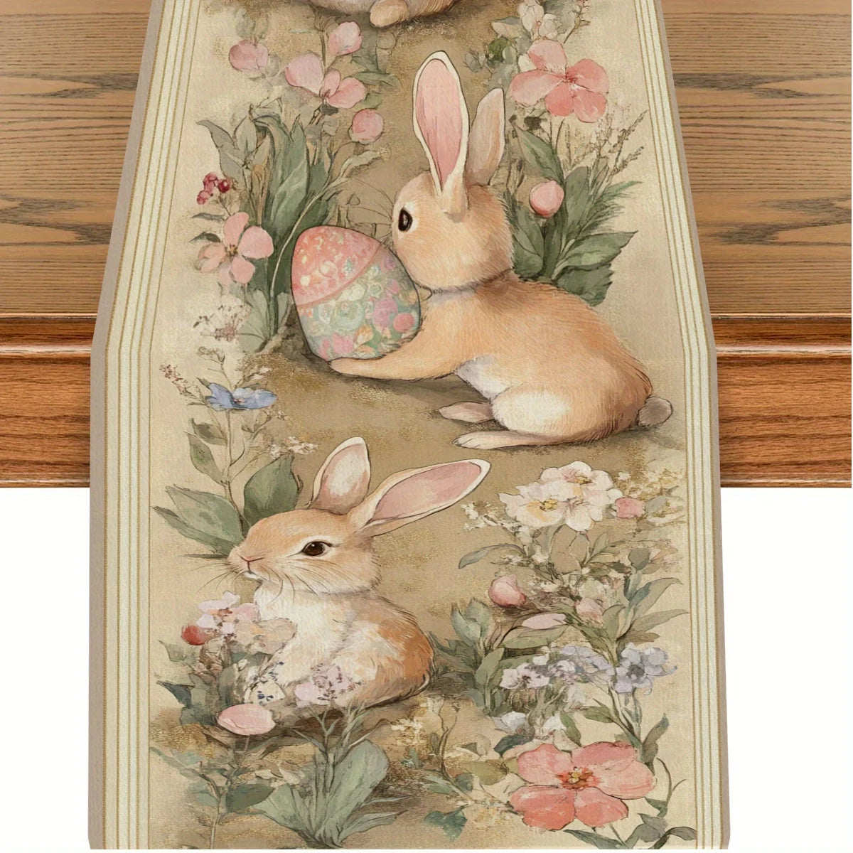 nappe lin printemps lapins fleurs aquarelle rustique 183x33cm décoration pâques table maison