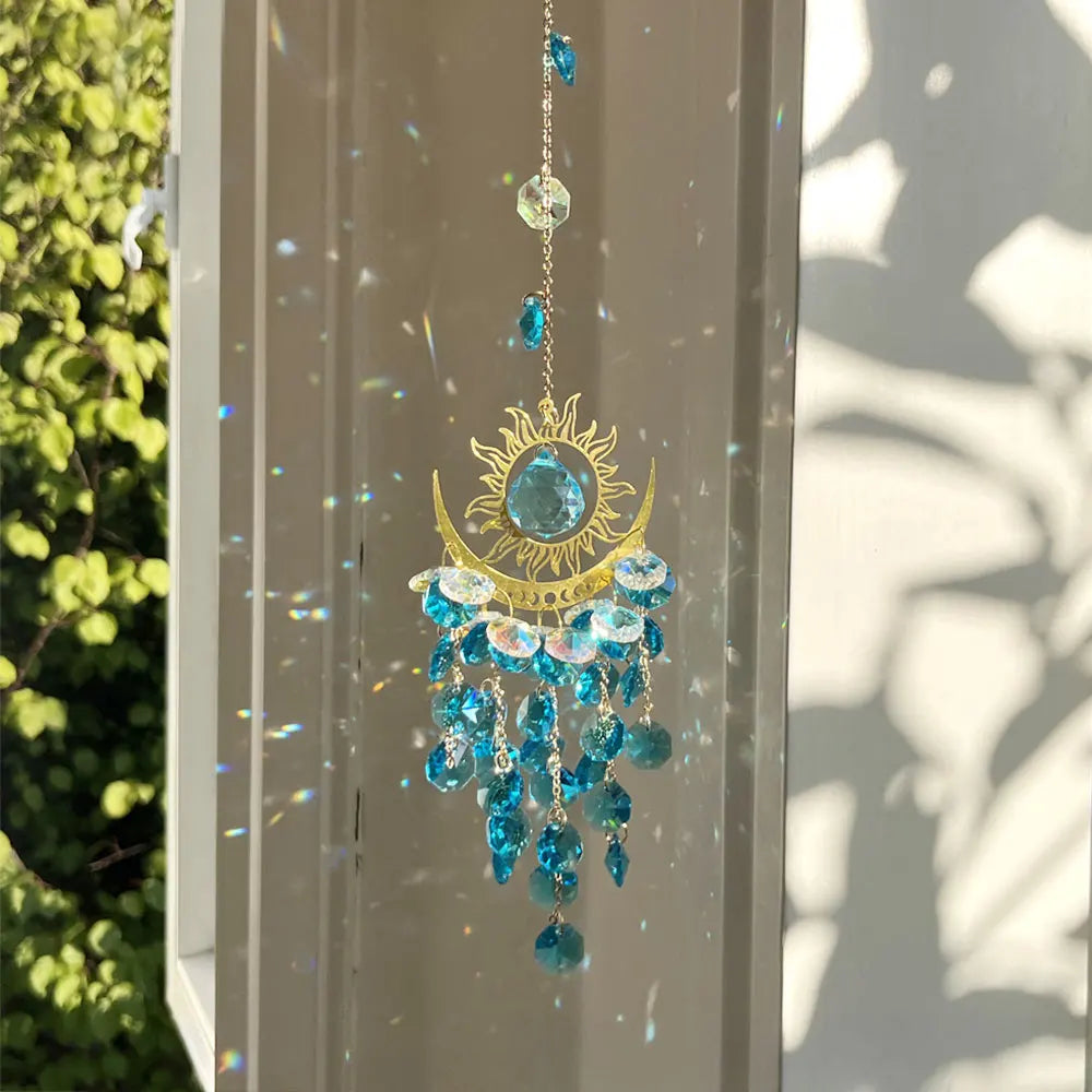 décoration murale boho chic or vert bleu jaune soleil lune translucides crochets chaîne