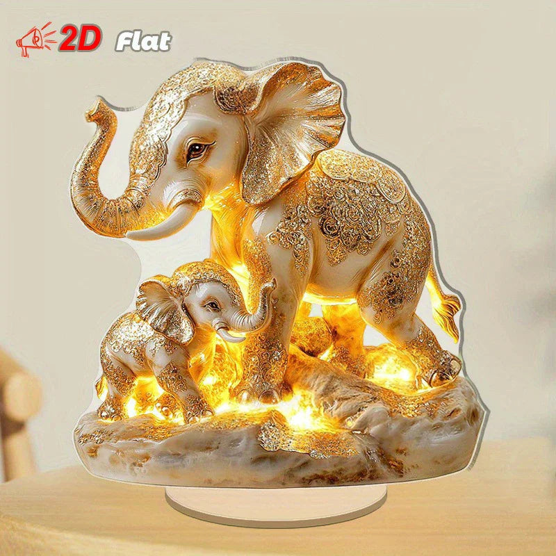 décoration asiatique éléphants dorés motifs floraux lumière led base transparente