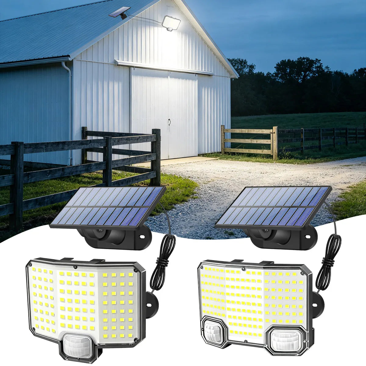 lampe solaire murale extérieure 144 led ip65 étanche mode auto capteur mouvement panneau solaire