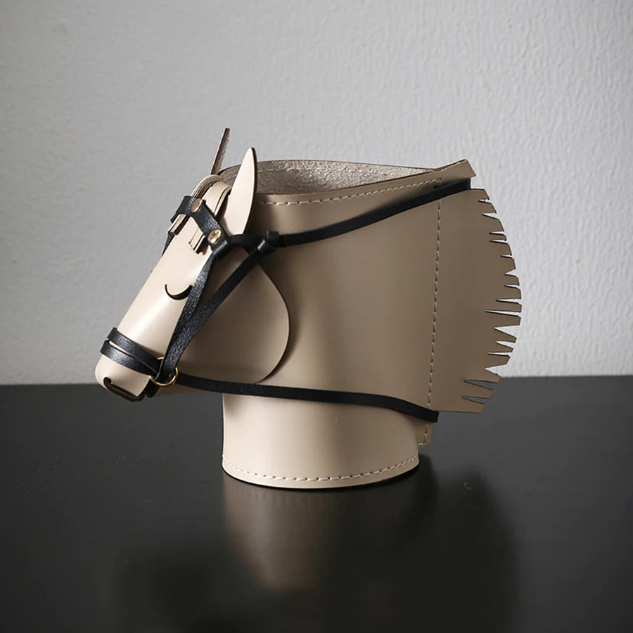 porte brosses tête cheval simili cuir franges beige marron noir créatif décoration maquillage